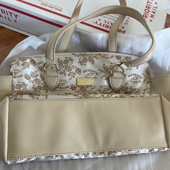 NEW Blugirl Blumarine beige & tan chrome hardware open ended medium satchel NWOT - Picture 1 of 6